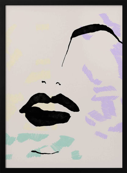An abstract, minimalist illustration of a woman's face on a beige background, framed in black. Bold black ink defines the lips and a sweeping eyebrow, while areas of the face are filled with scribbled patches of pastel purple, blue, and yellow. Print