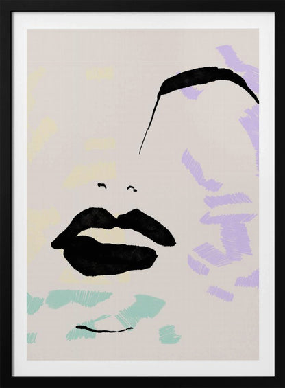 An abstract, minimalist illustration of a woman's face on a beige background, framed in black. Bold black ink defines the lips and a sweeping eyebrow, while areas of the face are filled with scribbled patches of pastel purple, blue, and yellow. Print