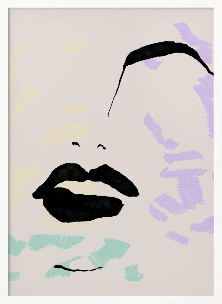 An abstract, minimalist illustration of a woman's face on a beige background, framed in black. Bold black ink defines the lips and a sweeping eyebrow, while areas of the face are filled with scribbled patches of pastel purple, blue, and yellow. Print