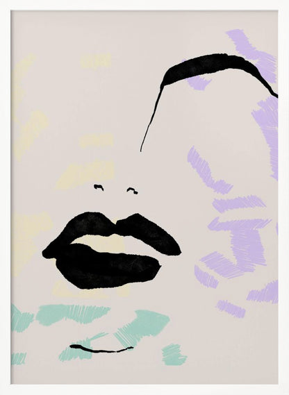 An abstract, minimalist illustration of a woman's face on a beige background, framed in black. Bold black ink defines the lips and a sweeping eyebrow, while areas of the face are filled with scribbled patches of pastel purple, blue, and yellow. Print