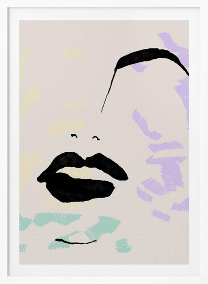An abstract, minimalist illustration of a woman's face on a beige background, framed in black. Bold black ink defines the lips and a sweeping eyebrow, while areas of the face are filled with scribbled patches of pastel purple, blue, and yellow. Print