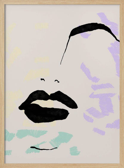 An abstract, minimalist illustration of a woman's face on a beige background, framed in black. Bold black ink defines the lips and a sweeping eyebrow, while areas of the face are filled with scribbled patches of pastel purple, blue, and yellow. Print