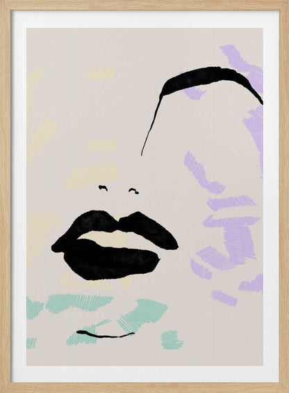 An abstract, minimalist illustration of a woman's face on a beige background, framed in black. Bold black ink defines the lips and a sweeping eyebrow, while areas of the face are filled with scribbled patches of pastel purple, blue, and yellow. Print