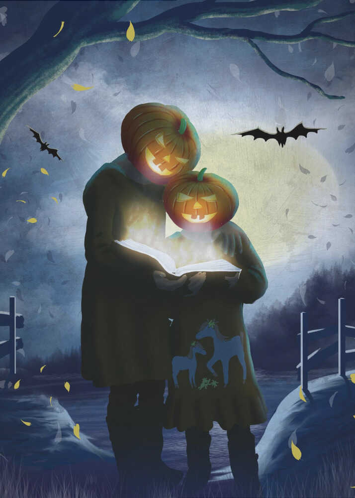 A whimsical Halloween illustration of two figures, one taller and one smaller, with glowing jack-o'-lanterns for heads. They stand together in a dark, moonlit field at night, reading from a book that radiates a bright, magical light. Bats fly across the full moon, and yellow leaves fall around them. Poster