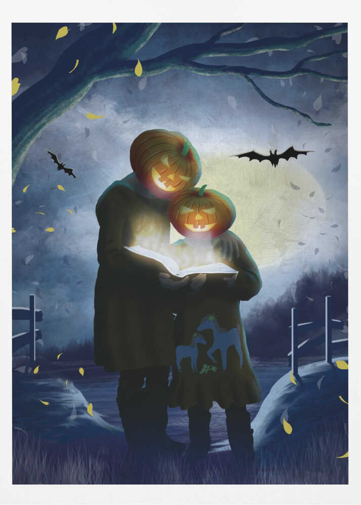 A whimsical Halloween illustration of two figures, one taller and one smaller, with glowing jack-o'-lanterns for heads. They stand together in a dark, moonlit field at night, reading from a book that radiates a bright, magical light. Bats fly across the full moon, and yellow leaves fall around them. Poster