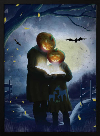 A whimsical Halloween illustration of two figures, one taller and one smaller, with glowing jack-o'-lanterns for heads. They stand together in a dark, moonlit field at night, reading from a book that radiates a bright, magical light. Bats fly across the full moon, and yellow leaves fall around them. Poster