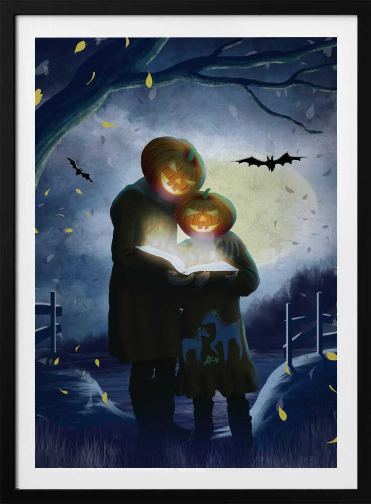 A whimsical Halloween illustration of two figures, one taller and one smaller, with glowing jack-o'-lanterns for heads. They stand together in a dark, moonlit field at night, reading from a book that radiates a bright, magical light. Bats fly across the full moon, and yellow leaves fall around them. Poster