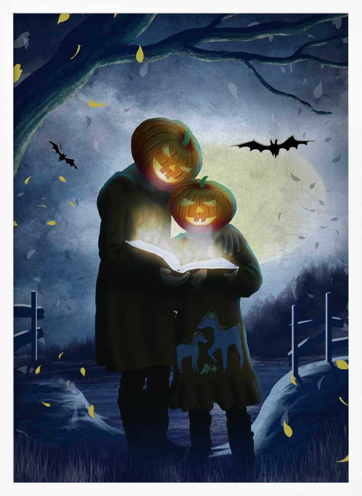 A whimsical Halloween illustration of two figures, one taller and one smaller, with glowing jack-o'-lanterns for heads. They stand together in a dark, moonlit field at night, reading from a book that radiates a bright, magical light. Bats fly across the full moon, and yellow leaves fall around them. Poster