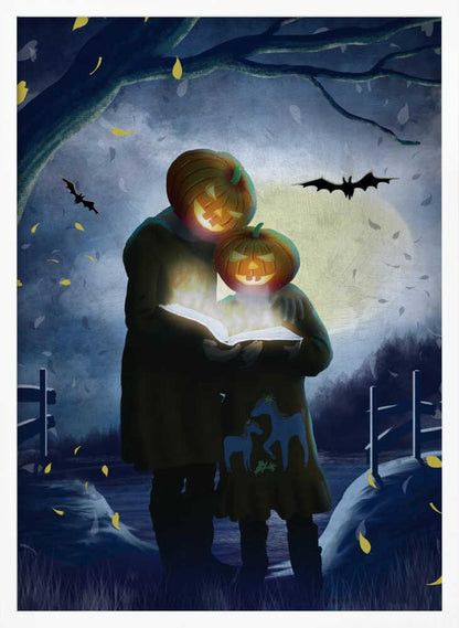 A whimsical Halloween illustration of two figures, one taller and one smaller, with glowing jack-o'-lanterns for heads. They stand together in a dark, moonlit field at night, reading from a book that radiates a bright, magical light. Bats fly across the full moon, and yellow leaves fall around them. Poster