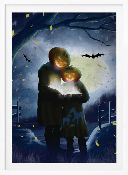A whimsical Halloween illustration of two figures, one taller and one smaller, with glowing jack-o'-lanterns for heads. They stand together in a dark, moonlit field at night, reading from a book that radiates a bright, magical light. Bats fly across the full moon, and yellow leaves fall around them. Poster