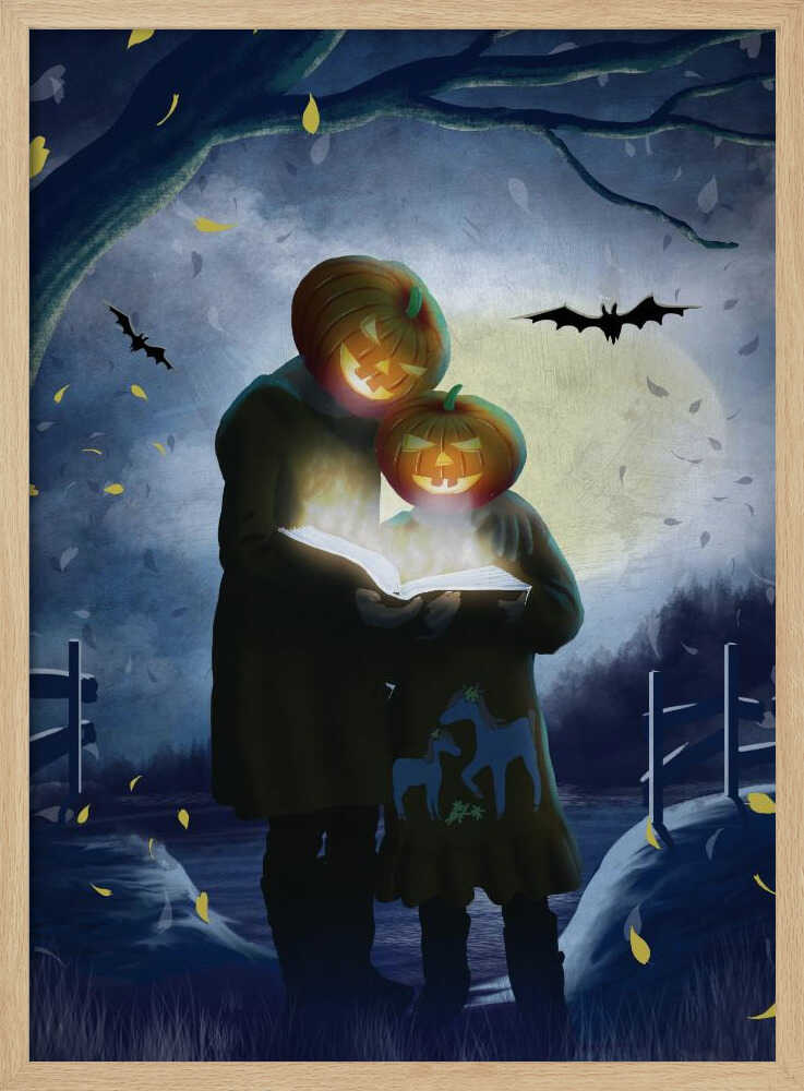A whimsical Halloween illustration of two figures, one taller and one smaller, with glowing jack-o'-lanterns for heads. They stand together in a dark, moonlit field at night, reading from a book that radiates a bright, magical light. Bats fly across the full moon, and yellow leaves fall around them. Poster