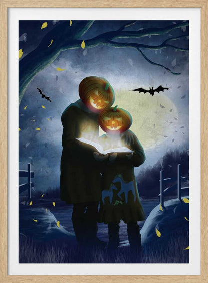 A whimsical Halloween illustration of two figures, one taller and one smaller, with glowing jack-o'-lanterns for heads. They stand together in a dark, moonlit field at night, reading from a book that radiates a bright, magical light. Bats fly across the full moon, and yellow leaves fall around them. Poster