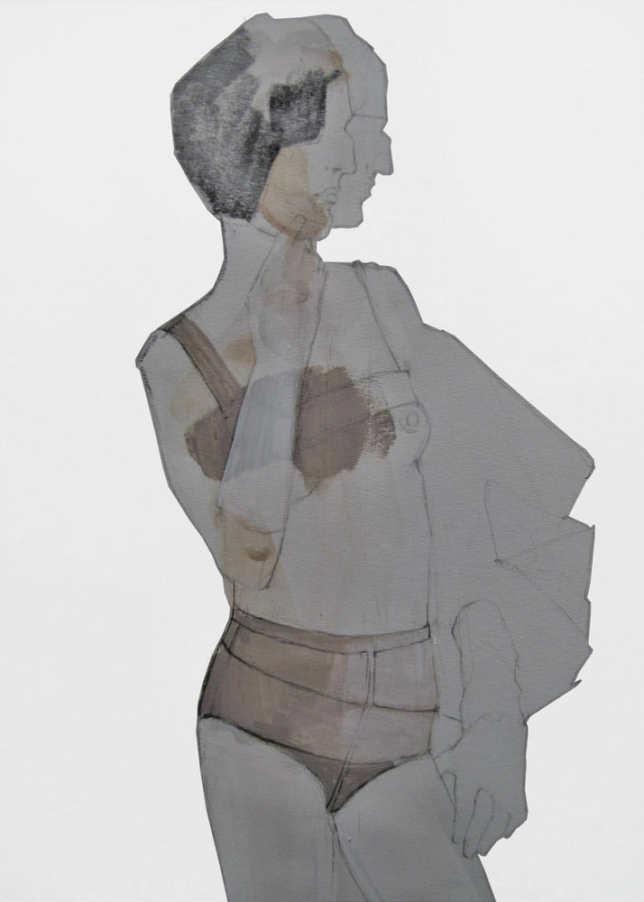 A modern abstract painting of a woman in a black frame. The figure is depicted in layered, translucent shades of gray, black, and brown against a white background. She has short dark hair and is wearing lingerie, looking away to the side. Wall Art