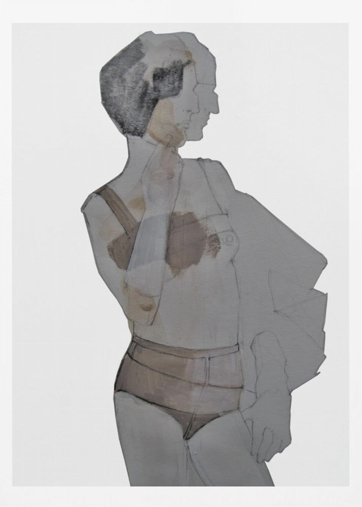 A modern abstract painting of a woman in a black frame. The figure is depicted in layered, translucent shades of gray, black, and brown against a white background. She has short dark hair and is wearing lingerie, looking away to the side. Wall Art