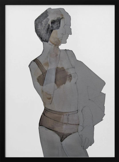 A modern abstract painting of a woman in a black frame. The figure is depicted in layered, translucent shades of gray, black, and brown against a white background. She has short dark hair and is wearing lingerie, looking away to the side. Wall Art