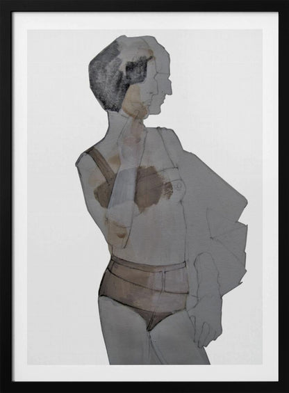 A modern abstract painting of a woman in a black frame. The figure is depicted in layered, translucent shades of gray, black, and brown against a white background. She has short dark hair and is wearing lingerie, looking away to the side. Wall Art