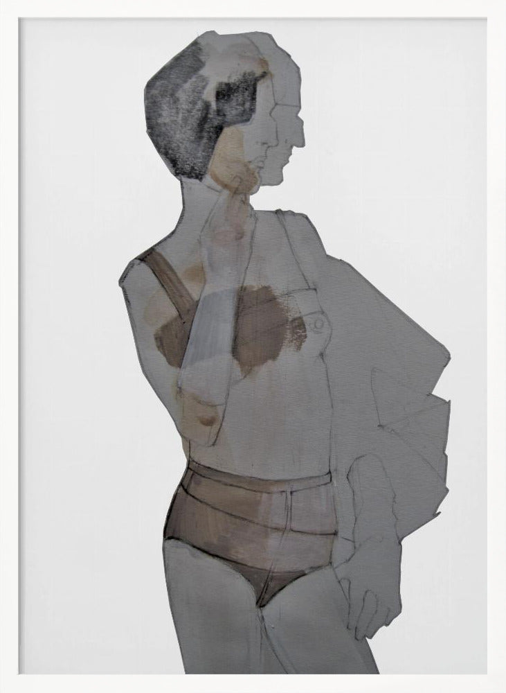 A modern abstract painting of a woman in a black frame. The figure is depicted in layered, translucent shades of gray, black, and brown against a white background. She has short dark hair and is wearing lingerie, looking away to the side. Wall Art
