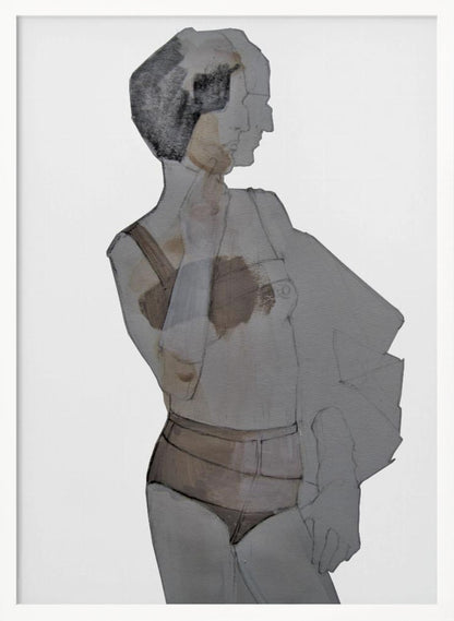 A modern abstract painting of a woman in a black frame. The figure is depicted in layered, translucent shades of gray, black, and brown against a white background. She has short dark hair and is wearing lingerie, looking away to the side. Wall Art