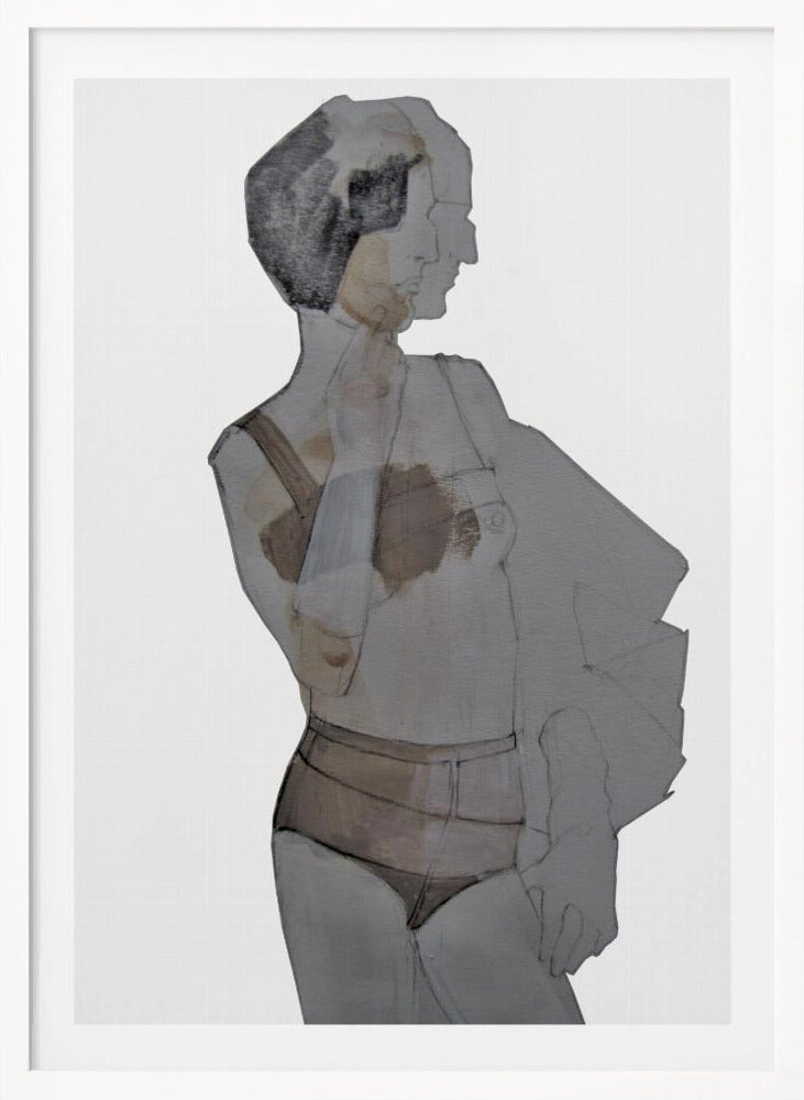 A modern abstract painting of a woman in a black frame. The figure is depicted in layered, translucent shades of gray, black, and brown against a white background. She has short dark hair and is wearing lingerie, looking away to the side. Wall Art