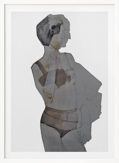 A modern abstract painting of a woman in a black frame. The figure is depicted in layered, translucent shades of gray, black, and brown against a white background. She has short dark hair and is wearing lingerie, looking away to the side. Wall Art