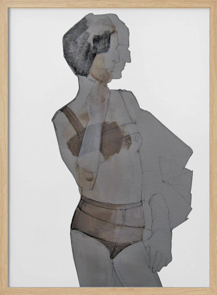 A modern abstract painting of a woman in a black frame. The figure is depicted in layered, translucent shades of gray, black, and brown against a white background. She has short dark hair and is wearing lingerie, looking away to the side. Wall Art