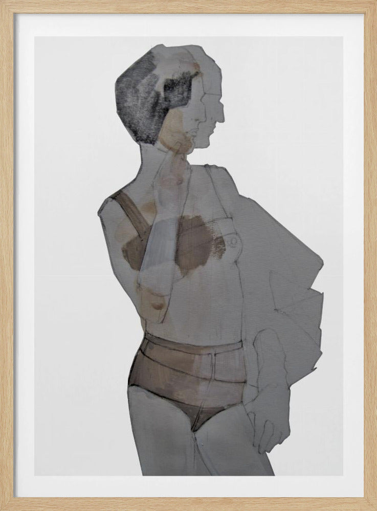 A modern abstract painting of a woman in a black frame. The figure is depicted in layered, translucent shades of gray, black, and brown against a white background. She has short dark hair and is wearing lingerie, looking away to the side. Wall Art