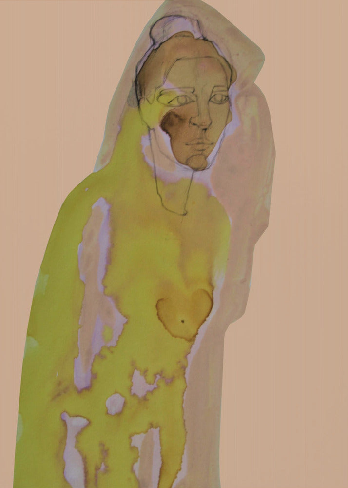 An abstract artwork of a hooded figure rendered in watercolor style against a flat peach background. The figure is primarily a vibrant yellow-green with brown and purple undertones, and its face is detailed with fine black line work. The piece is enclosed in a simple black frame. Decor