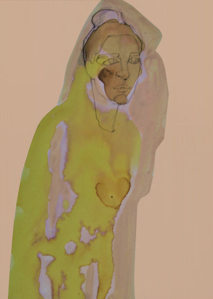 An abstract artwork of a hooded figure rendered in watercolor style against a flat peach background. The figure is primarily a vibrant yellow-green with brown and purple undertones, and its face is detailed with fine black line work. The piece is enclosed in a simple black frame. Decor