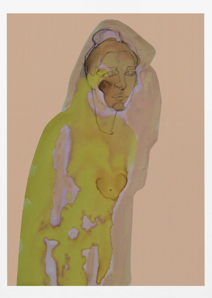 An abstract artwork of a hooded figure rendered in watercolor style against a flat peach background. The figure is primarily a vibrant yellow-green with brown and purple undertones, and its face is detailed with fine black line work. The piece is enclosed in a simple black frame. Decor