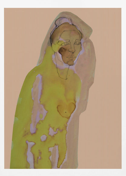 An abstract artwork of a hooded figure rendered in watercolor style against a flat peach background. The figure is primarily a vibrant yellow-green with brown and purple undertones, and its face is detailed with fine black line work. The piece is enclosed in a simple black frame. Decor