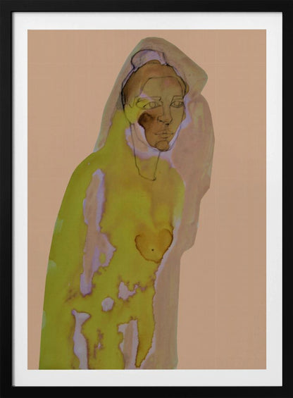 An abstract artwork of a hooded figure rendered in watercolor style against a flat peach background. The figure is primarily a vibrant yellow-green with brown and purple undertones, and its face is detailed with fine black line work. The piece is enclosed in a simple black frame. Decor