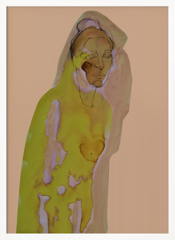 An abstract artwork of a hooded figure rendered in watercolor style against a flat peach background. The figure is primarily a vibrant yellow-green with brown and purple undertones, and its face is detailed with fine black line work. The piece is enclosed in a simple black frame. Decor