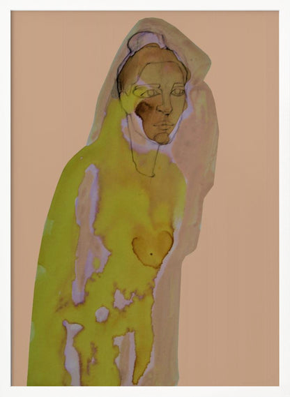 An abstract artwork of a hooded figure rendered in watercolor style against a flat peach background. The figure is primarily a vibrant yellow-green with brown and purple undertones, and its face is detailed with fine black line work. The piece is enclosed in a simple black frame. Decor