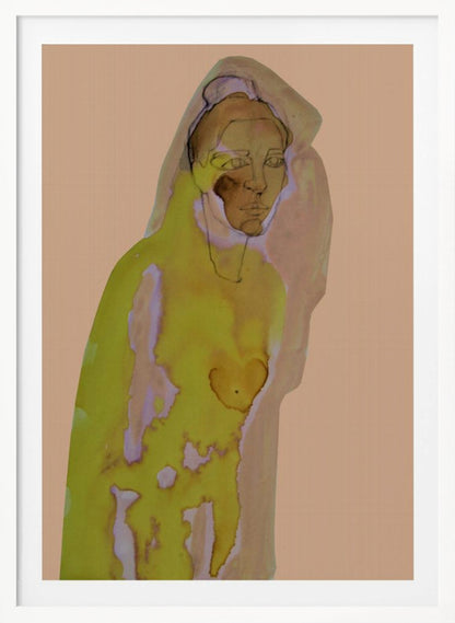 An abstract artwork of a hooded figure rendered in watercolor style against a flat peach background. The figure is primarily a vibrant yellow-green with brown and purple undertones, and its face is detailed with fine black line work. The piece is enclosed in a simple black frame. Decor