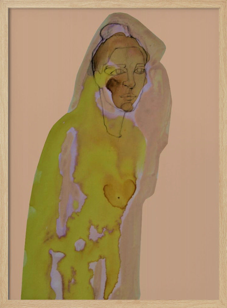 An abstract artwork of a hooded figure rendered in watercolor style against a flat peach background. The figure is primarily a vibrant yellow-green with brown and purple undertones, and its face is detailed with fine black line work. The piece is enclosed in a simple black frame. Decor