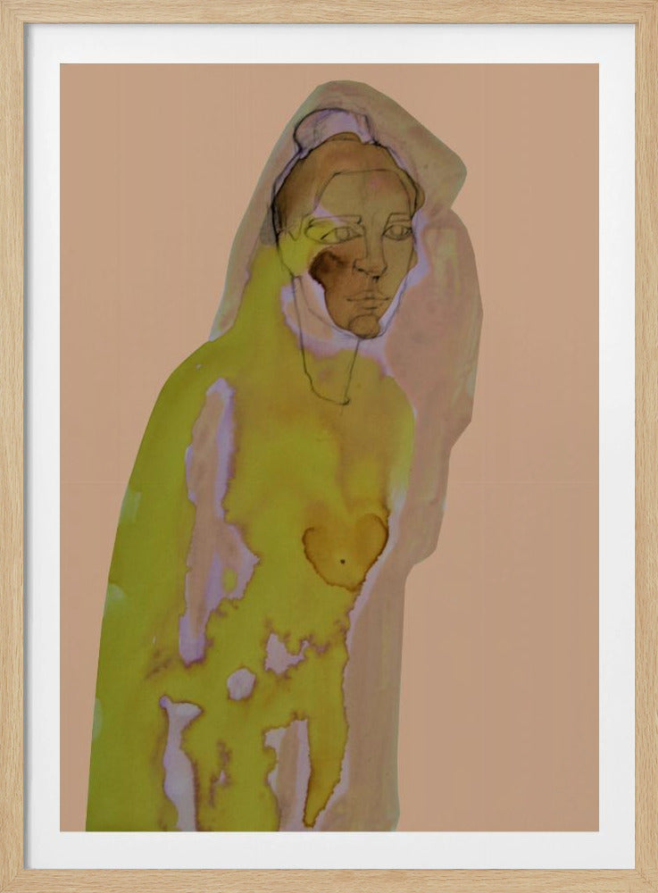 An abstract artwork of a hooded figure rendered in watercolor style against a flat peach background. The figure is primarily a vibrant yellow-green with brown and purple undertones, and its face is detailed with fine black line work. The piece is enclosed in a simple black frame. Decor