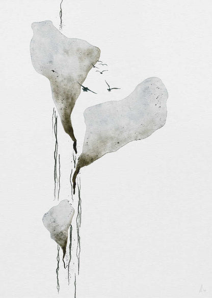 Abstract ink wash painting of floating grey islands with black drips and birds flying on a white background.