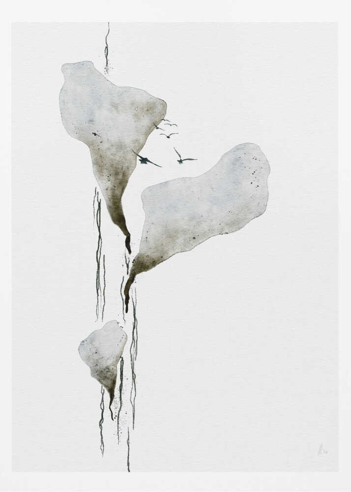 Abstract ink wash painting of floating grey islands with black drips and birds flying on a white background.