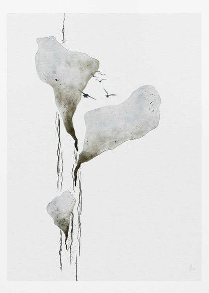 Abstract ink wash painting of floating grey islands with black drips and birds flying on a white background.