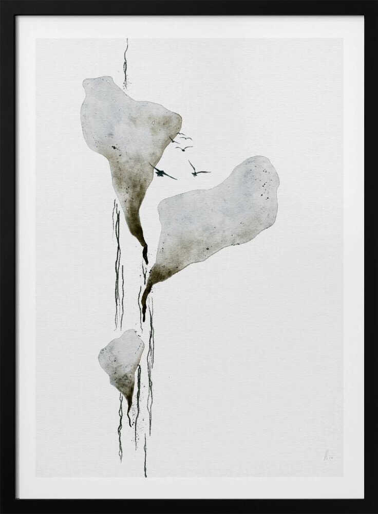 Abstract ink wash painting of floating grey islands with black drips and birds flying on a white background.