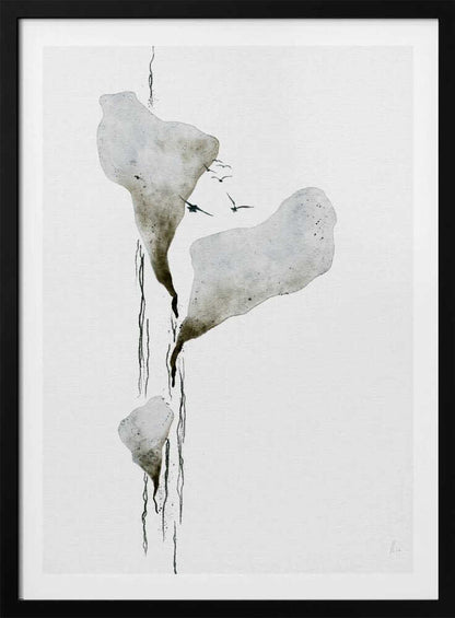 Abstract ink wash painting of floating grey islands with black drips and birds flying on a white background.