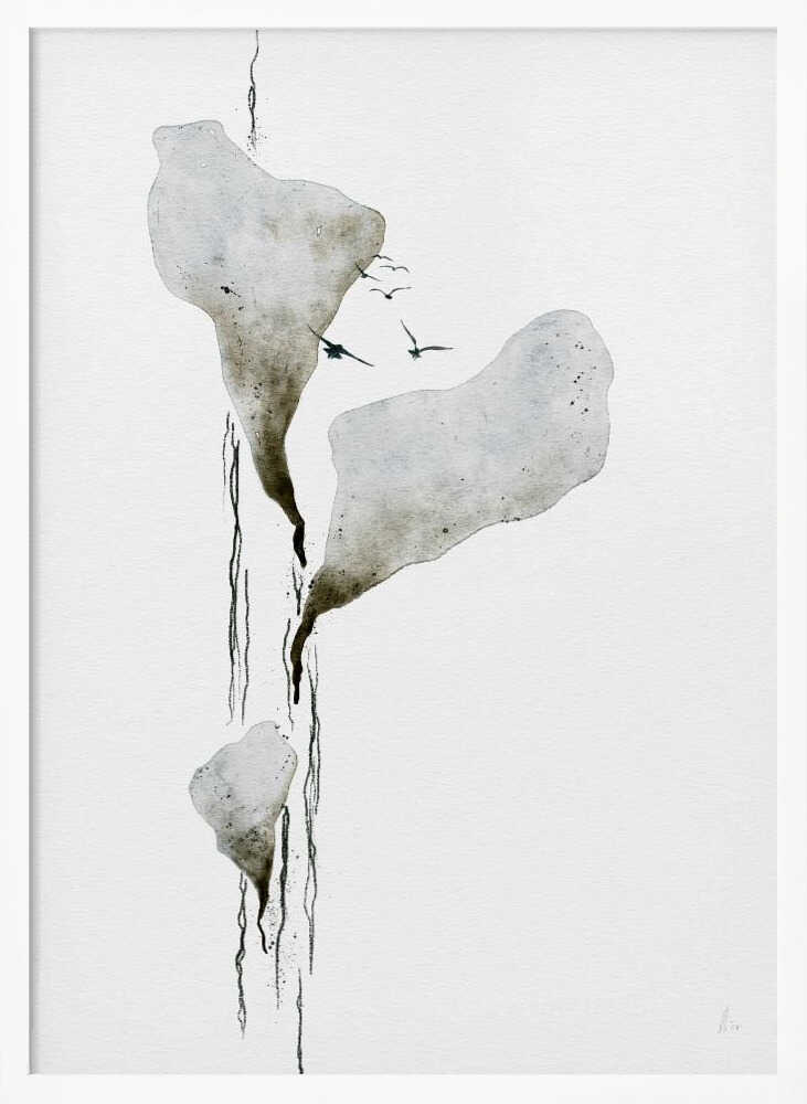 Abstract ink wash painting of floating grey islands with black drips and birds flying on a white background.