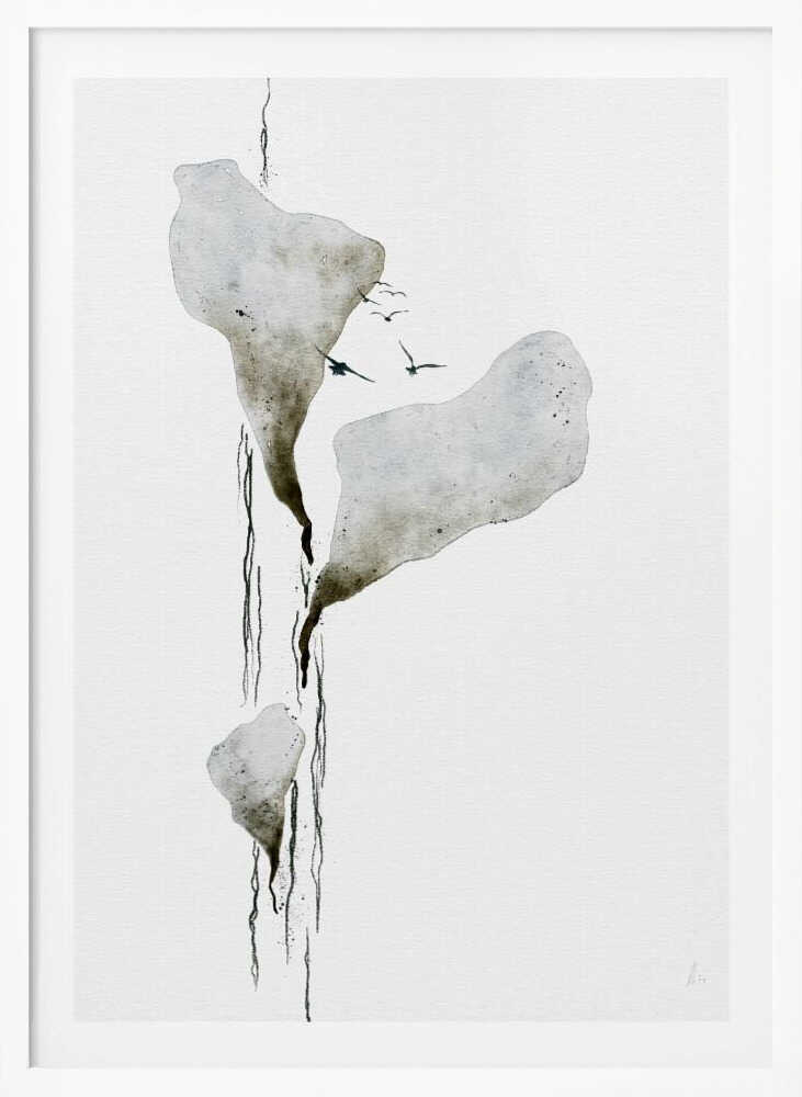 Abstract ink wash painting of floating grey islands with black drips and birds flying on a white background.