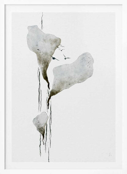 Abstract ink wash painting of floating grey islands with black drips and birds flying on a white background.