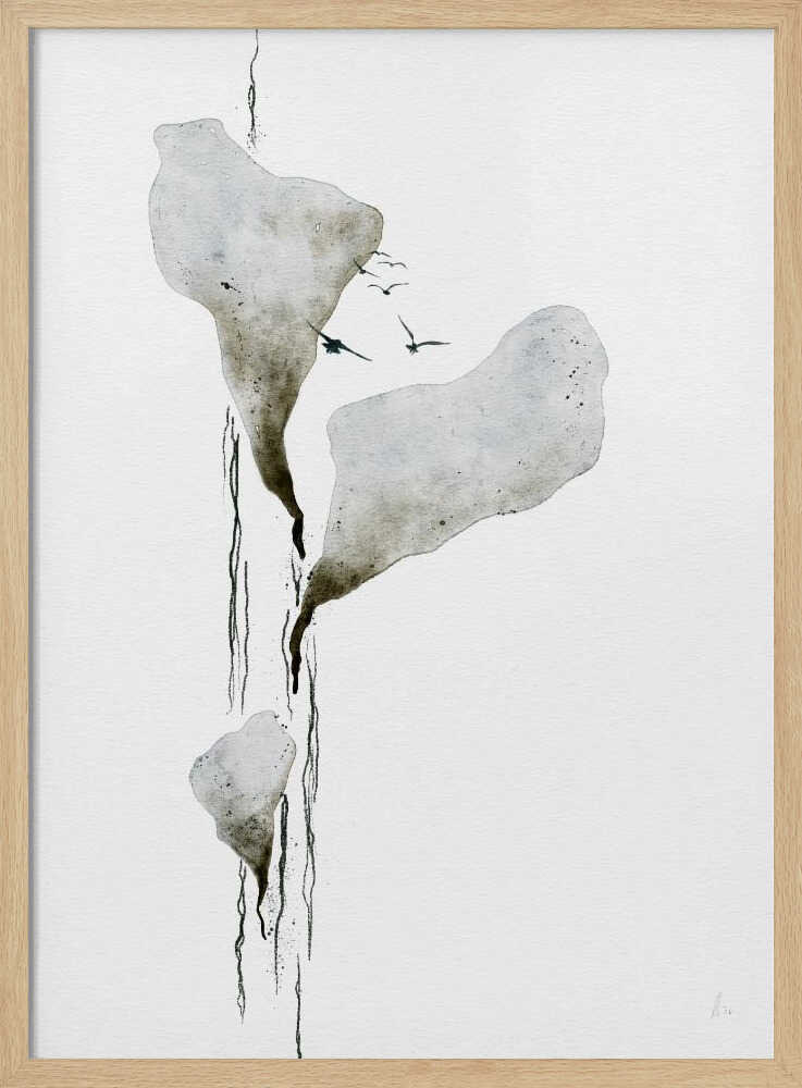 Abstract ink wash painting of floating grey islands with black drips and birds flying on a white background.