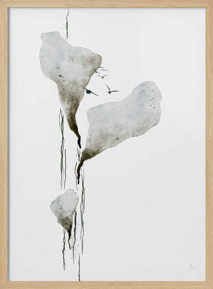 Abstract ink wash painting of floating grey islands with black drips and birds flying on a white background.