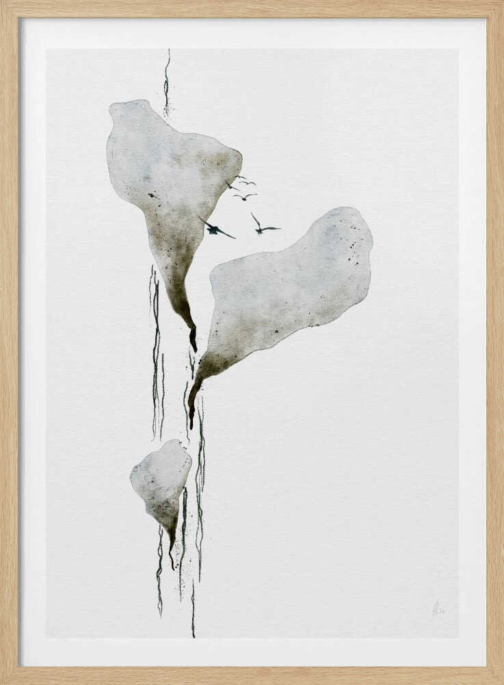 Abstract ink wash painting of floating grey islands with black drips and birds flying on a white background.