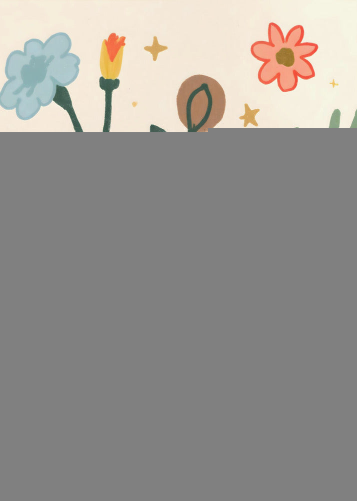 A stylized, folk-art style painting of various colorful flowers and leafy stems on a cream-colored background. The flowers are blue, red, orange, and pink, with dark and light green stems and leaves, accented by small yellow star-like sparkles. Print