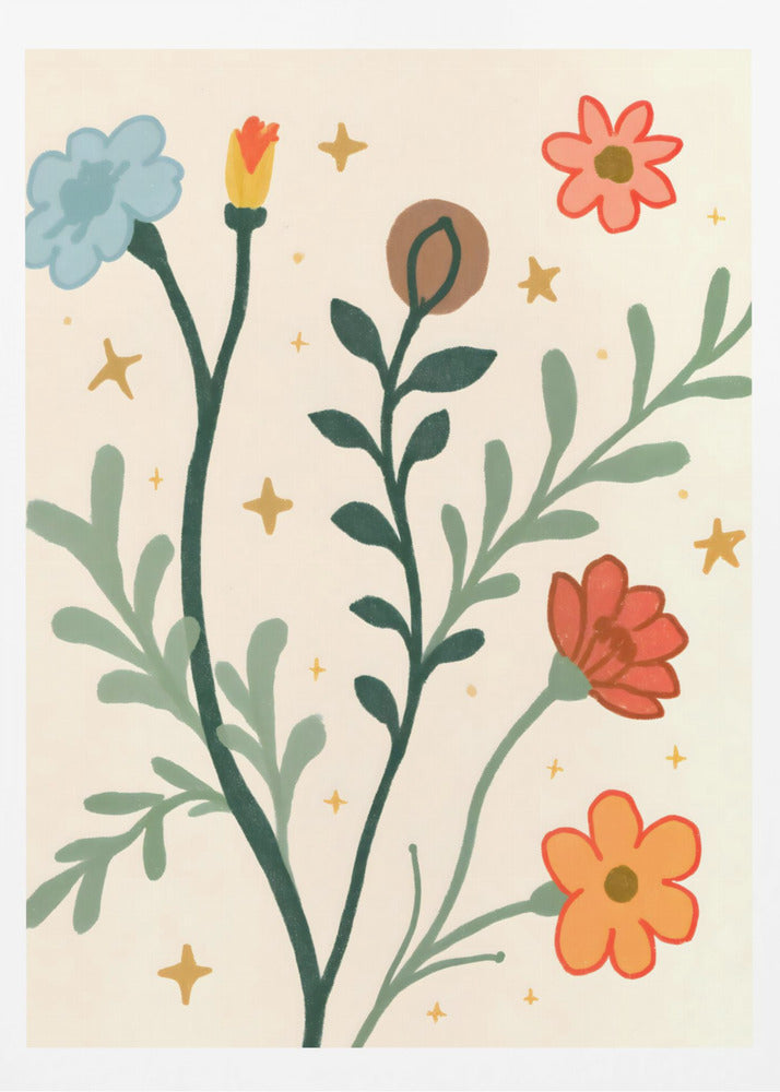 A stylized, folk-art style painting of various colorful flowers and leafy stems on a cream-colored background. The flowers are blue, red, orange, and pink, with dark and light green stems and leaves, accented by small yellow star-like sparkles. Print