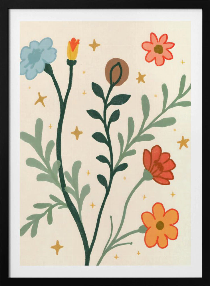 A stylized, folk-art style painting of various colorful flowers and leafy stems on a cream-colored background. The flowers are blue, red, orange, and pink, with dark and light green stems and leaves, accented by small yellow star-like sparkles. Print
